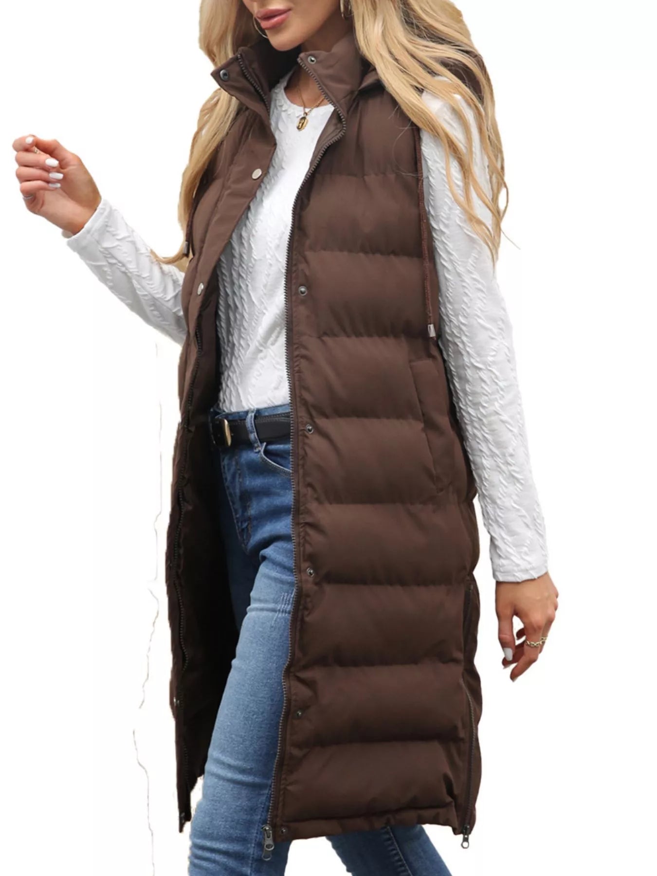 Full Size Snap Down Hooded Padded Longline Vest Coat Plus Size OutfitFlow