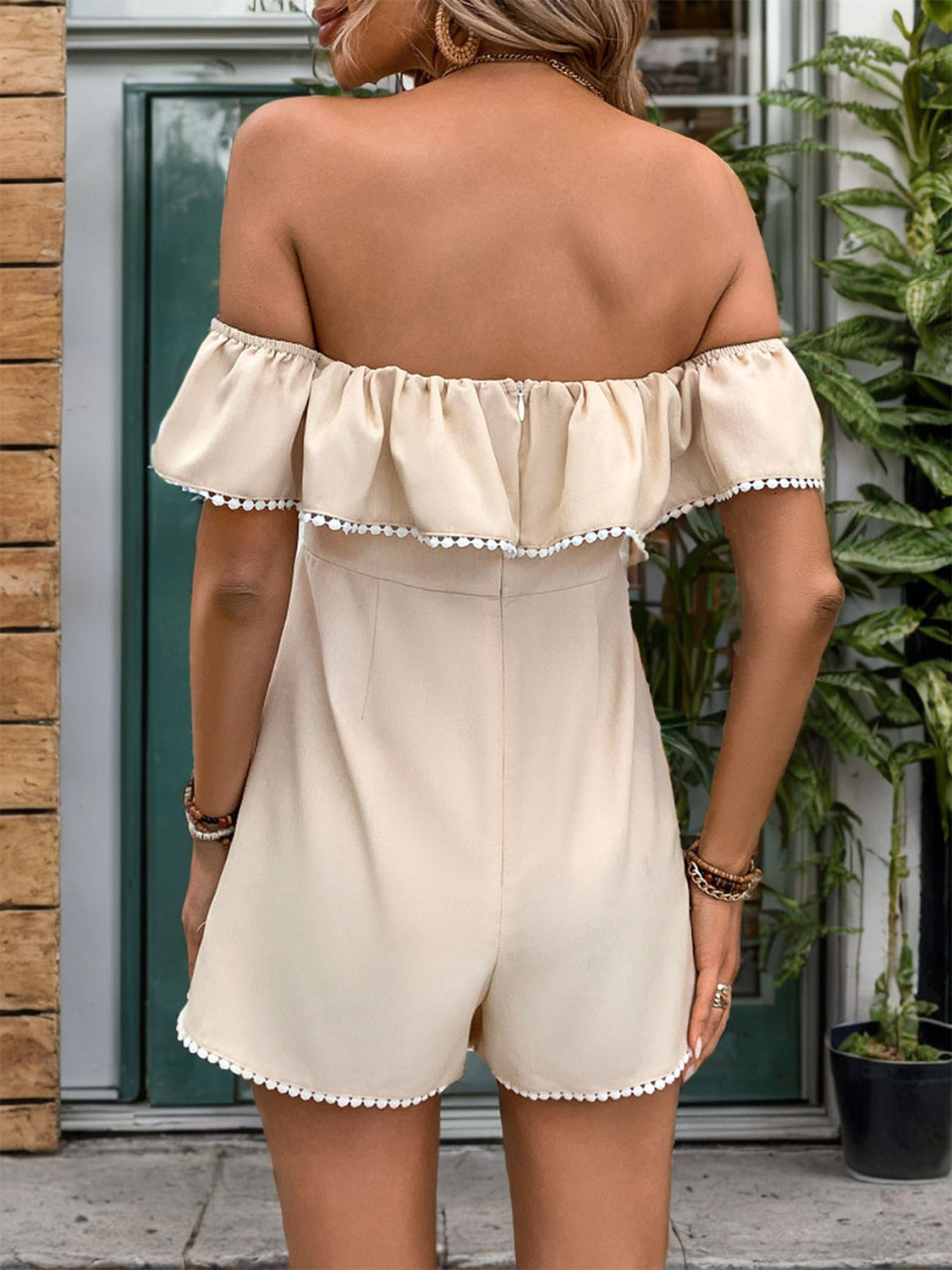 Outfit Flow - Perfee Tied Ruffled Off-Shoulder Short Sleeve Romper