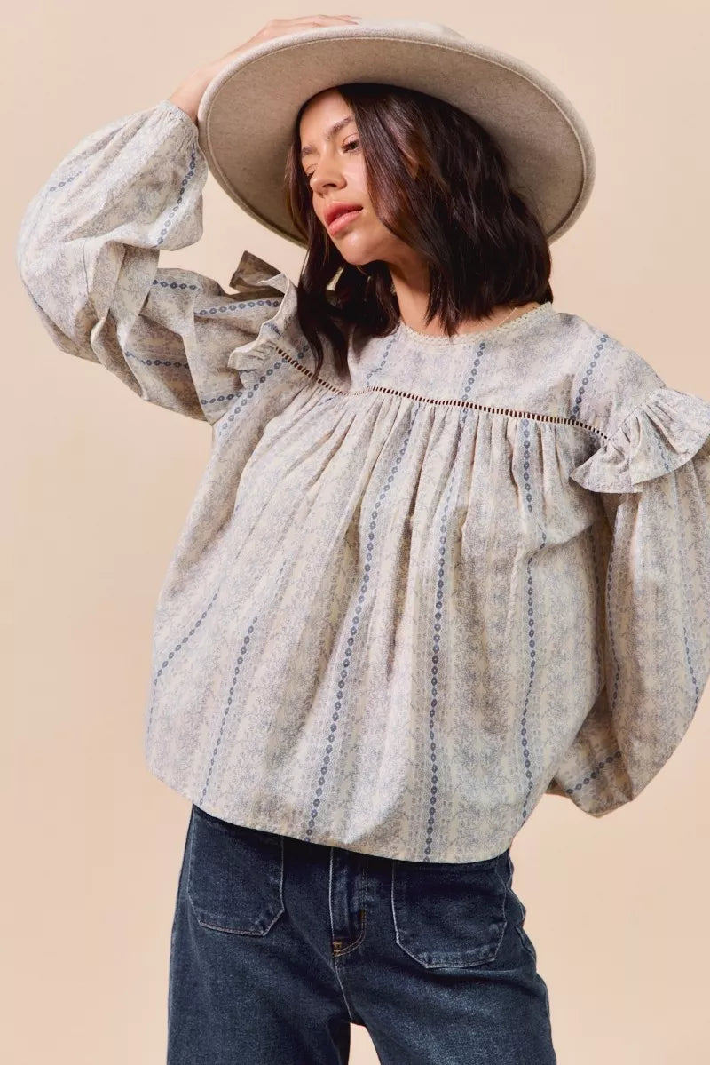 SO ME Floral Cotton Print Ruffled Long Sleeve Blouse OutfitFlow