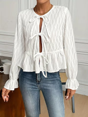 Tie Front Flounce Sleeve Blouse White OutfitFlow