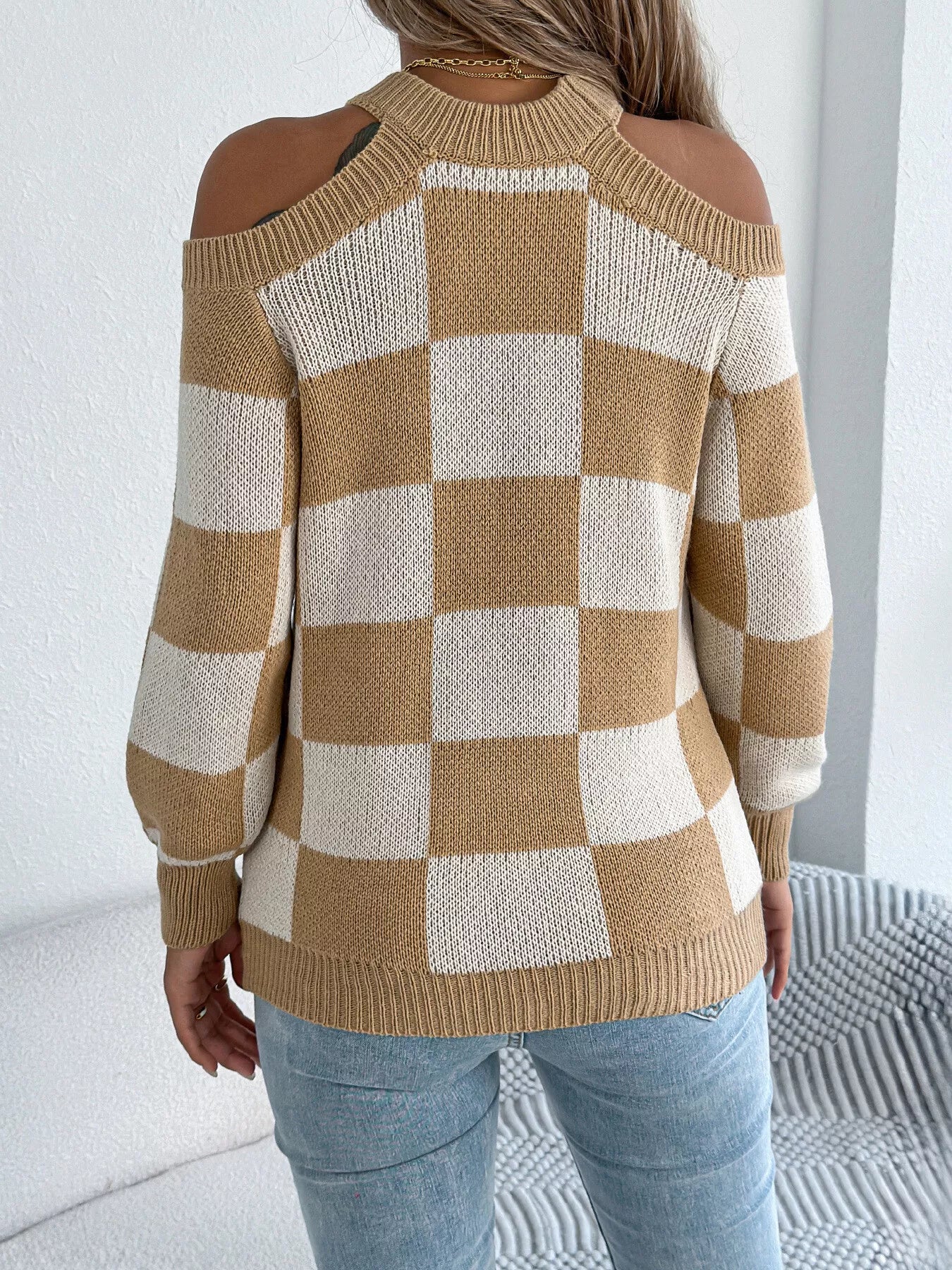 Cold Shoulder Checkered Long Sleeve Sweater OutfitFlow