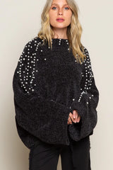 POL Oversized Pearl Embellished Sweater Black Trendsi
