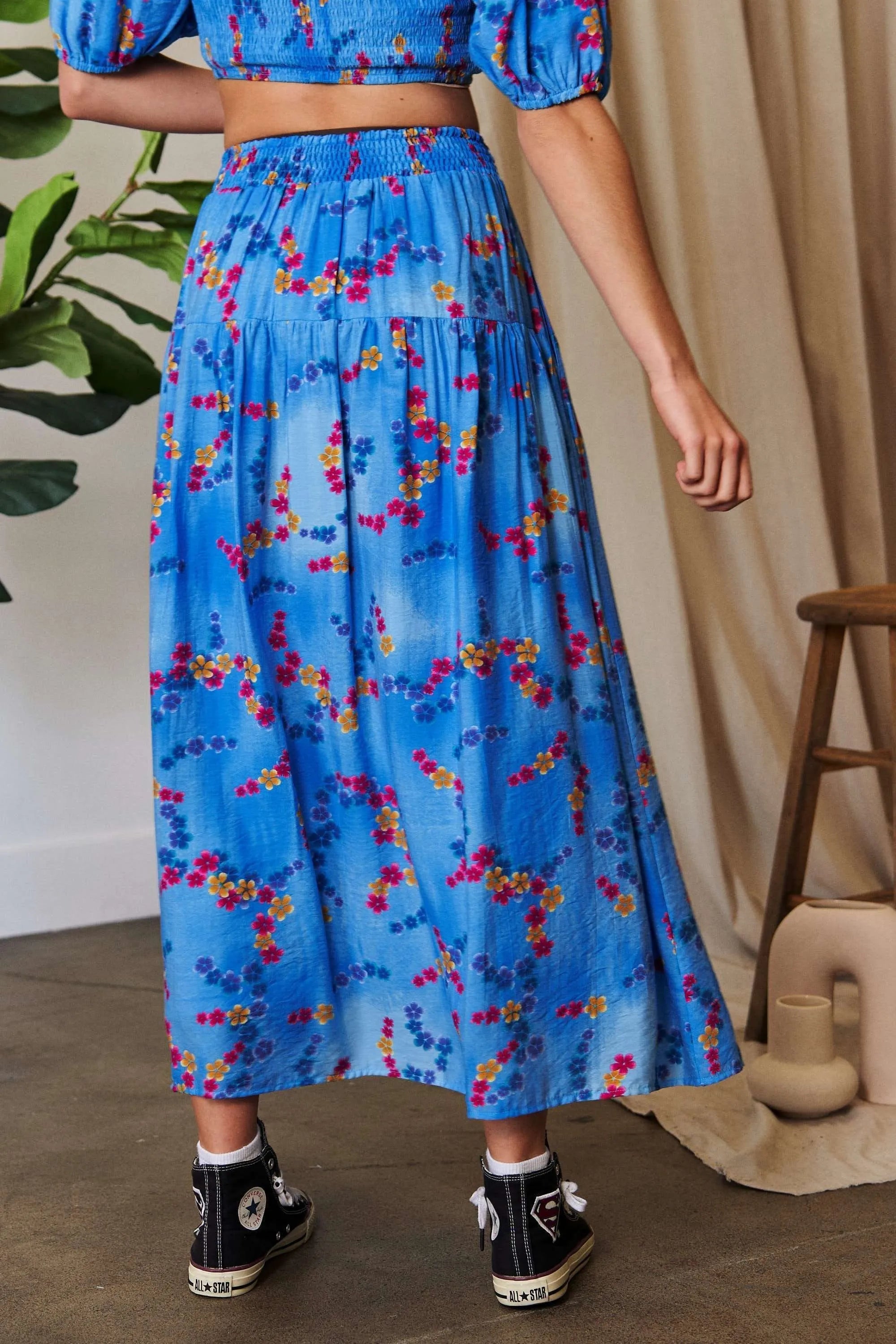 Davi & Dani Printed Smocking Waistband Ruffled Maxi Skirt OutfitFlow