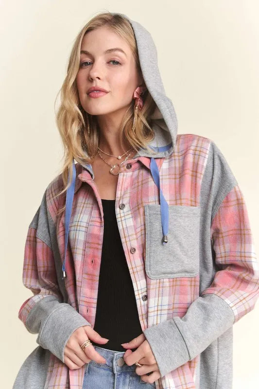 ADORA Button Down Plaid Hoodie Shacket OutfitFlow