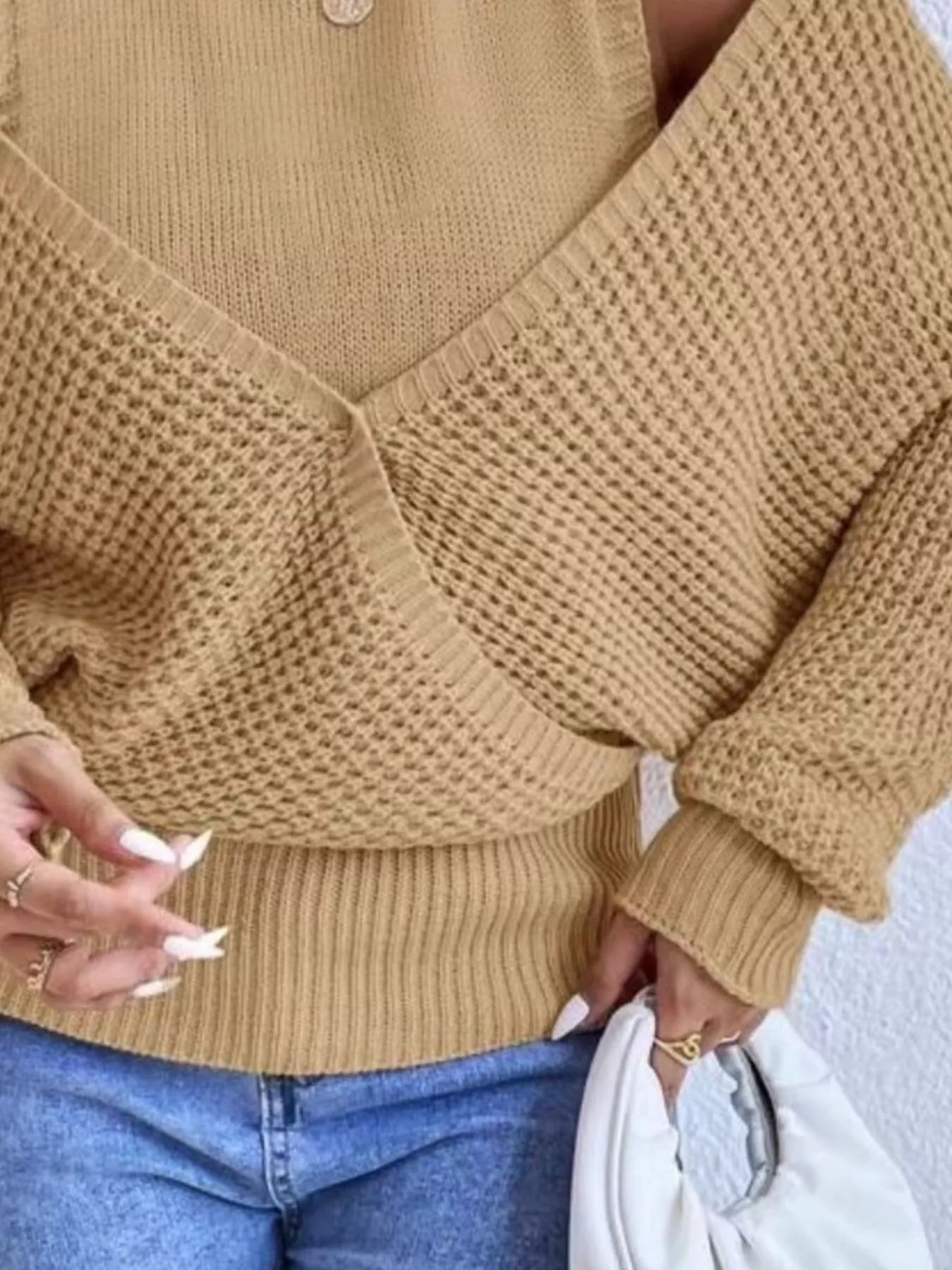 Waffle Knit Cold Shoulder Turtleneck Sweater OutfitFlow