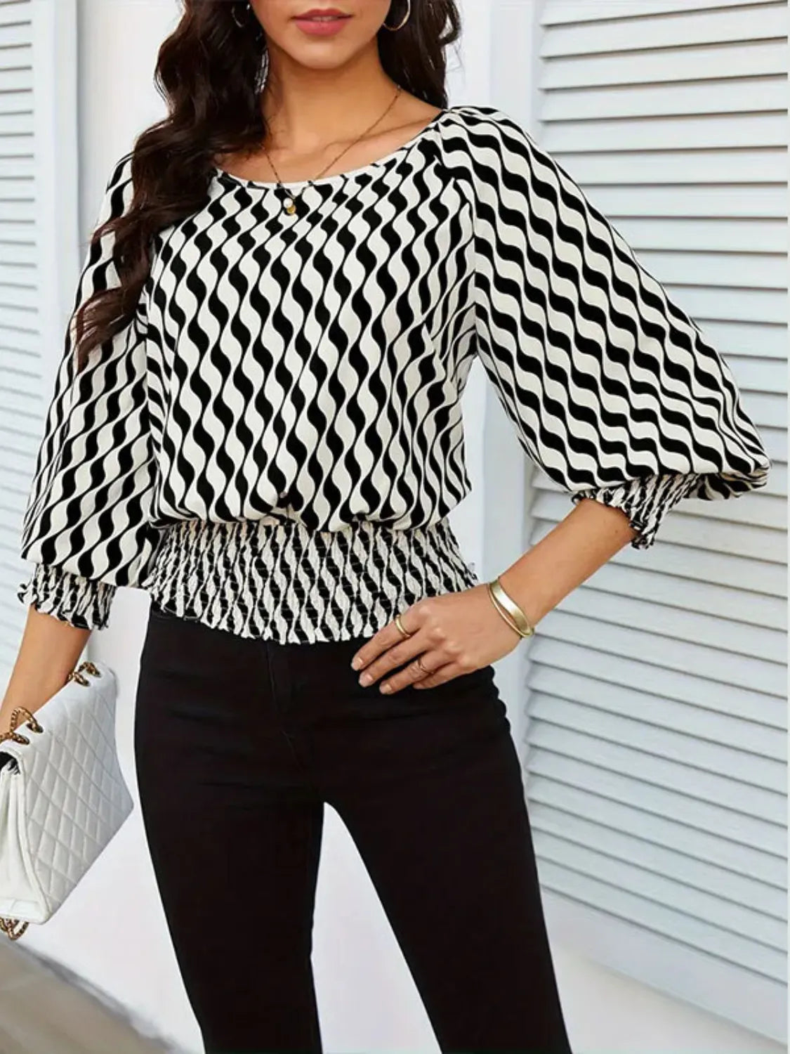 Geometric Print Lantern Sleeve Smocked Waist Blouse OutfitFlow