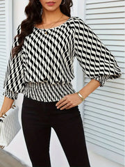 Geometric Print Lantern Sleeve Smocked Waist Blouse OutfitFlow