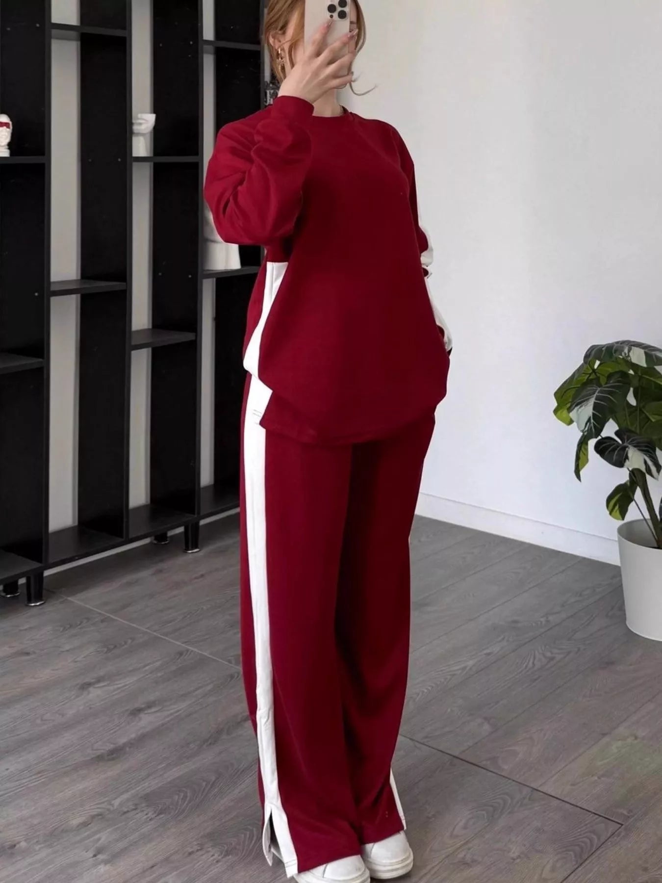 Full Size Contrast Round Neck Top and Pants Set Plus Size Burgundy OutfitFlow
