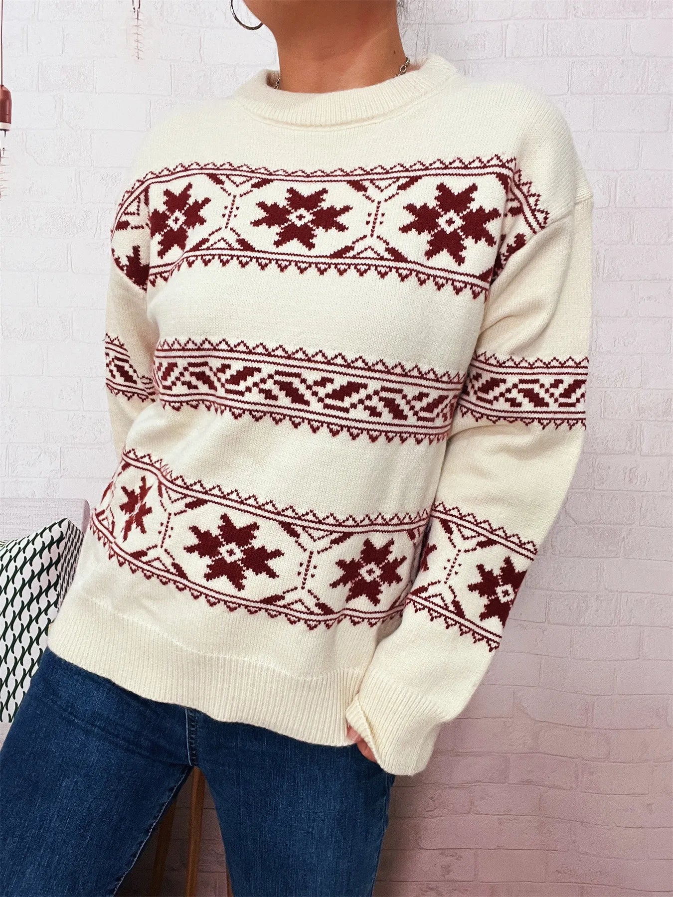 Christmas Snowflake Round Neck Sweater OutfitFlow