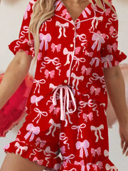 Bow Print Ruffled Short Sleeve Shirt and Shorts 2pcs Pajama Set Red OutfitFlow