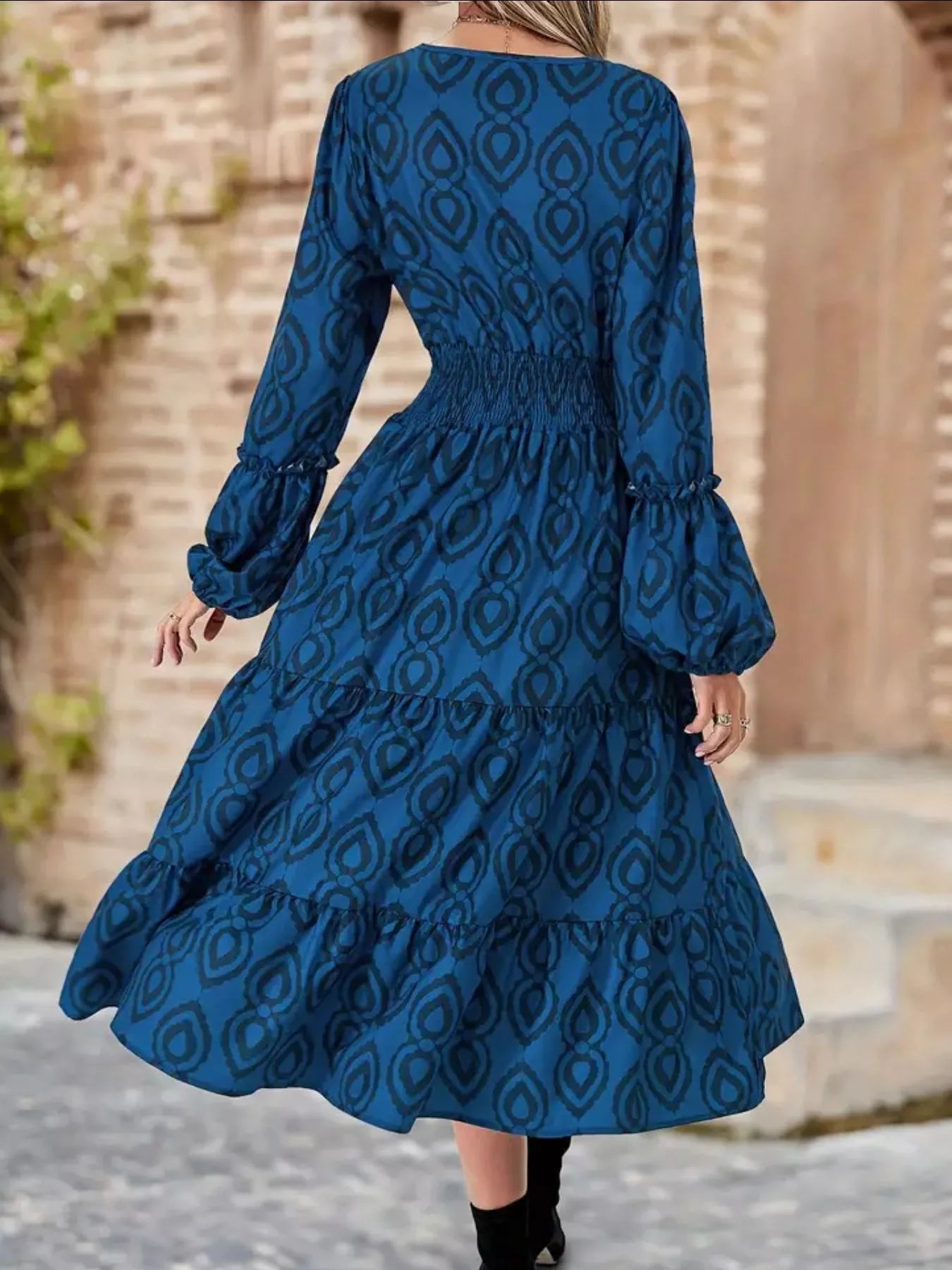 Smocked Round Neck Balloon Sleeve Midi Dress OutfitFlow