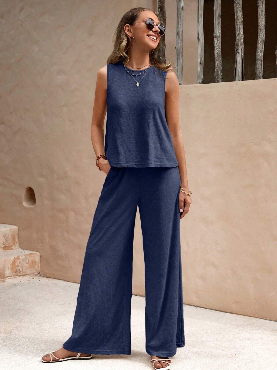 Outfit Flow - Round Neck Sleeveless Top and Wide Leg Pants Set