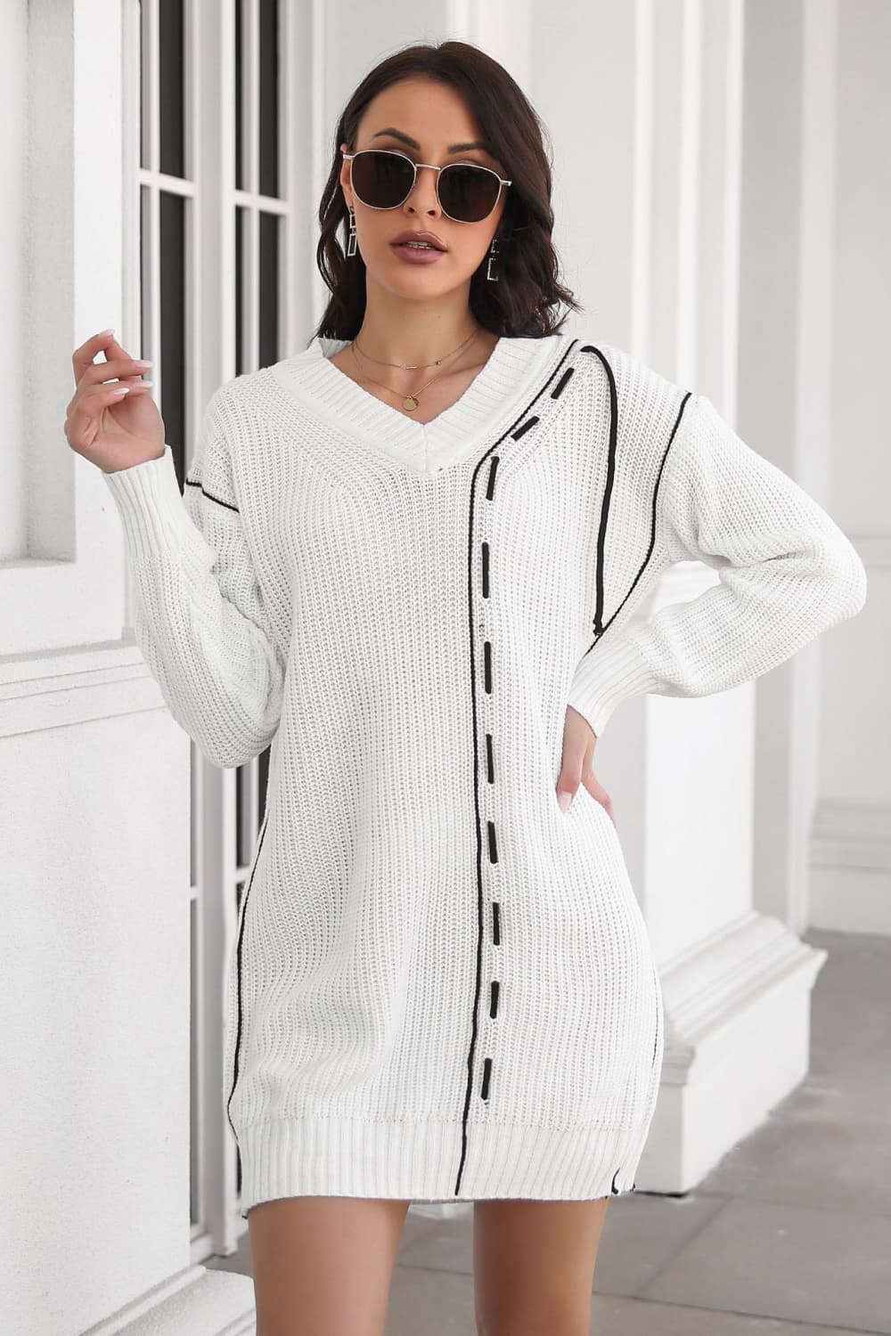 Contrast V-Neck Sweater Dress White OutfitFlow
