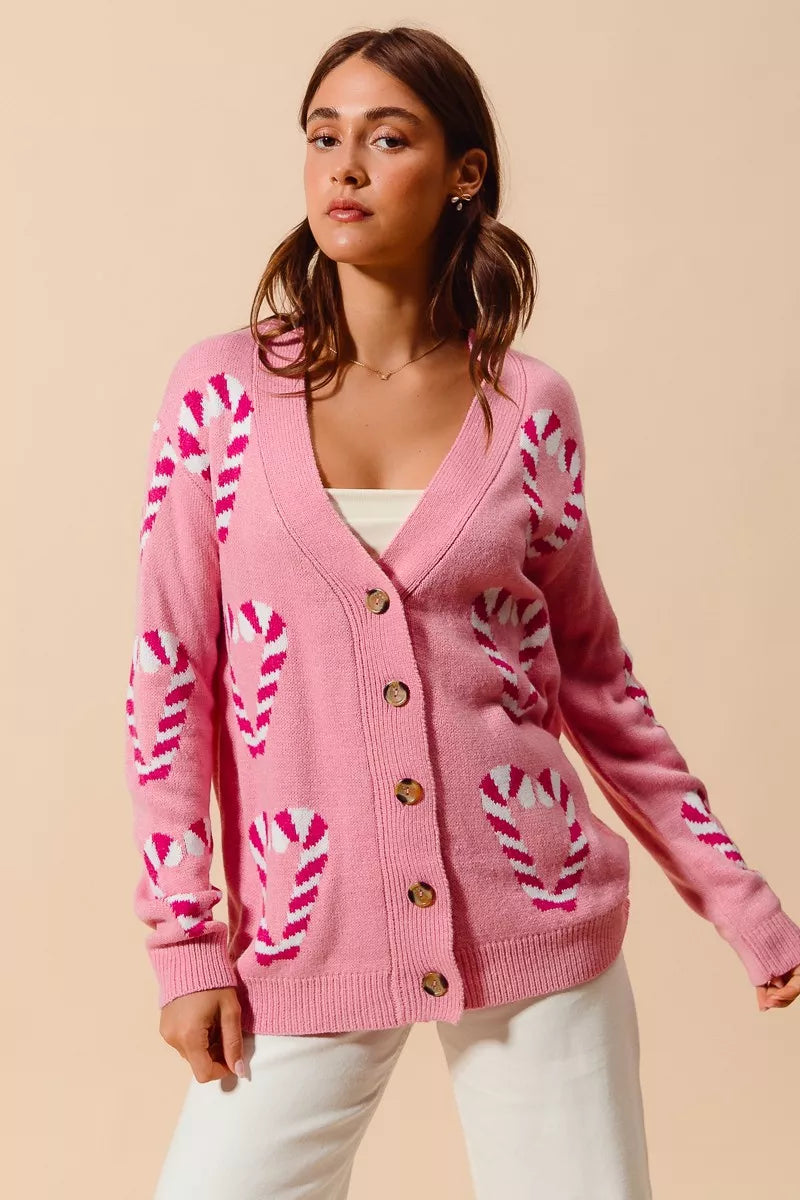 SO ME Christmas Candy Cane Button Front Sweater Cardigan OutfitFlow