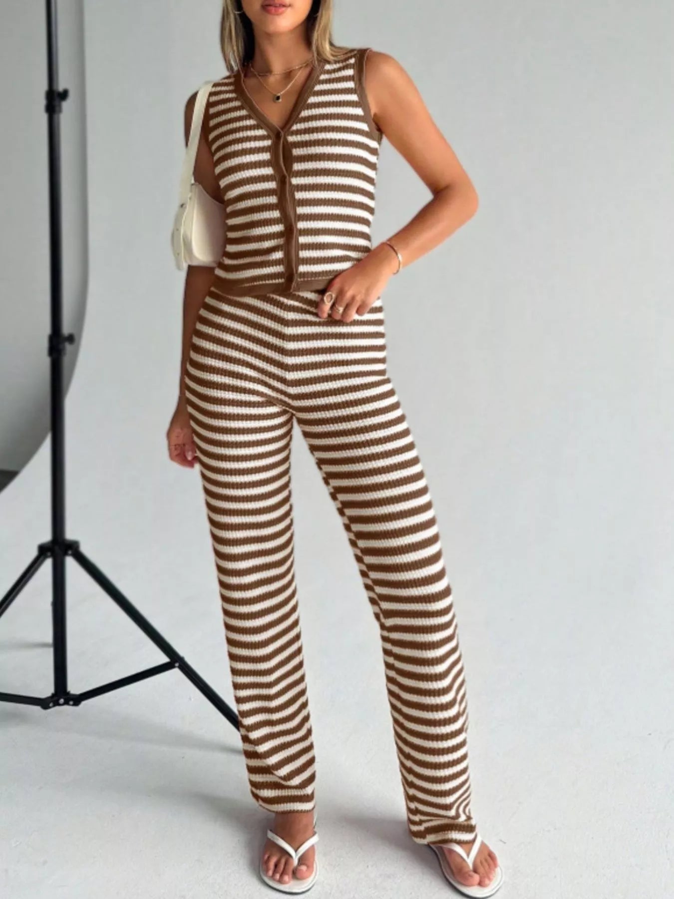 Striped Knit Sleeveless Top and Pants Set Khaki OutfitFlow