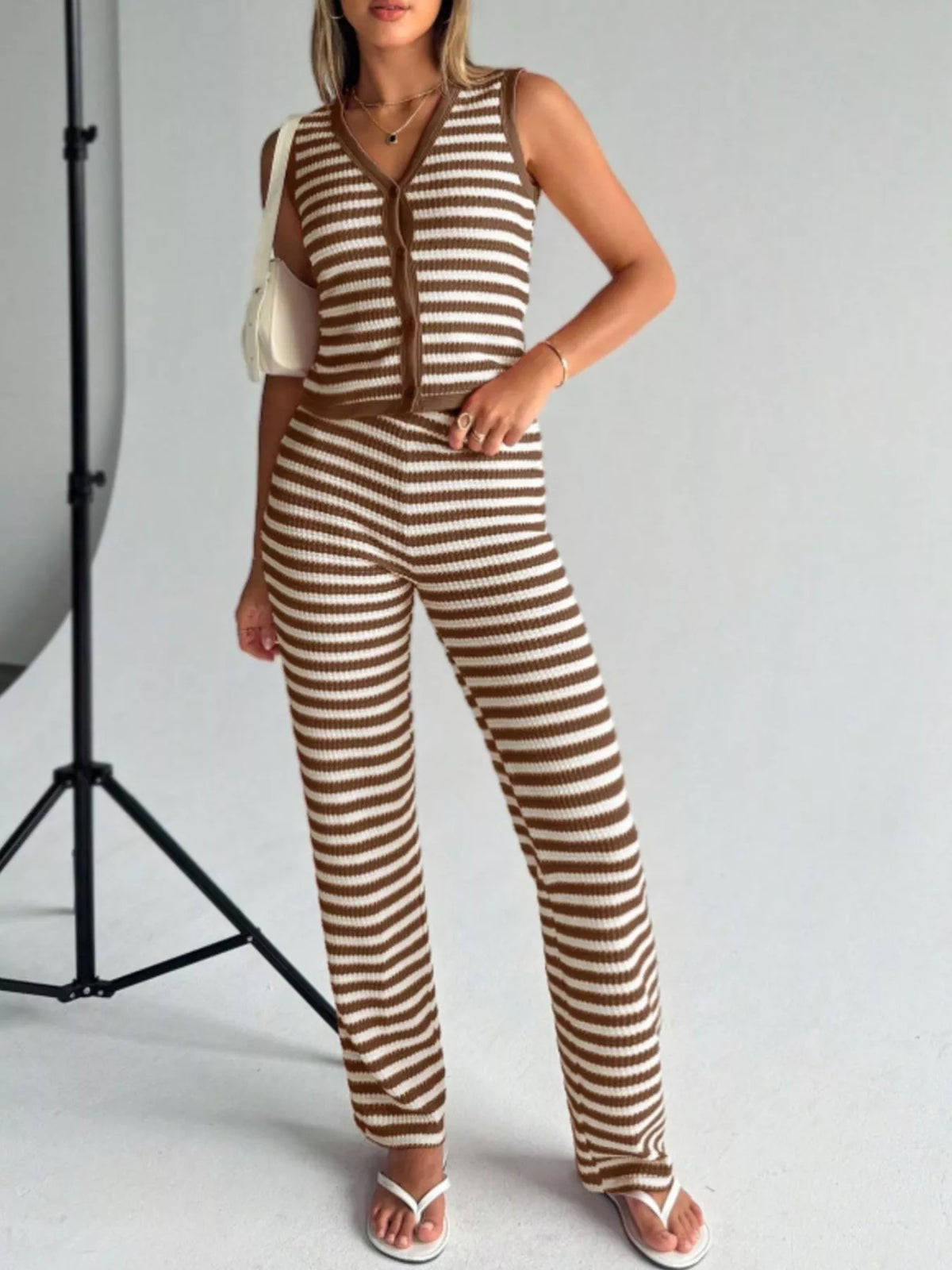 Striped Knit Sleeveless Top and Pants Set Khaki OutfitFlow