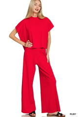 Zenana Viscose Sweater Short Sleeve Top and Pants Set RUBY Trendsi