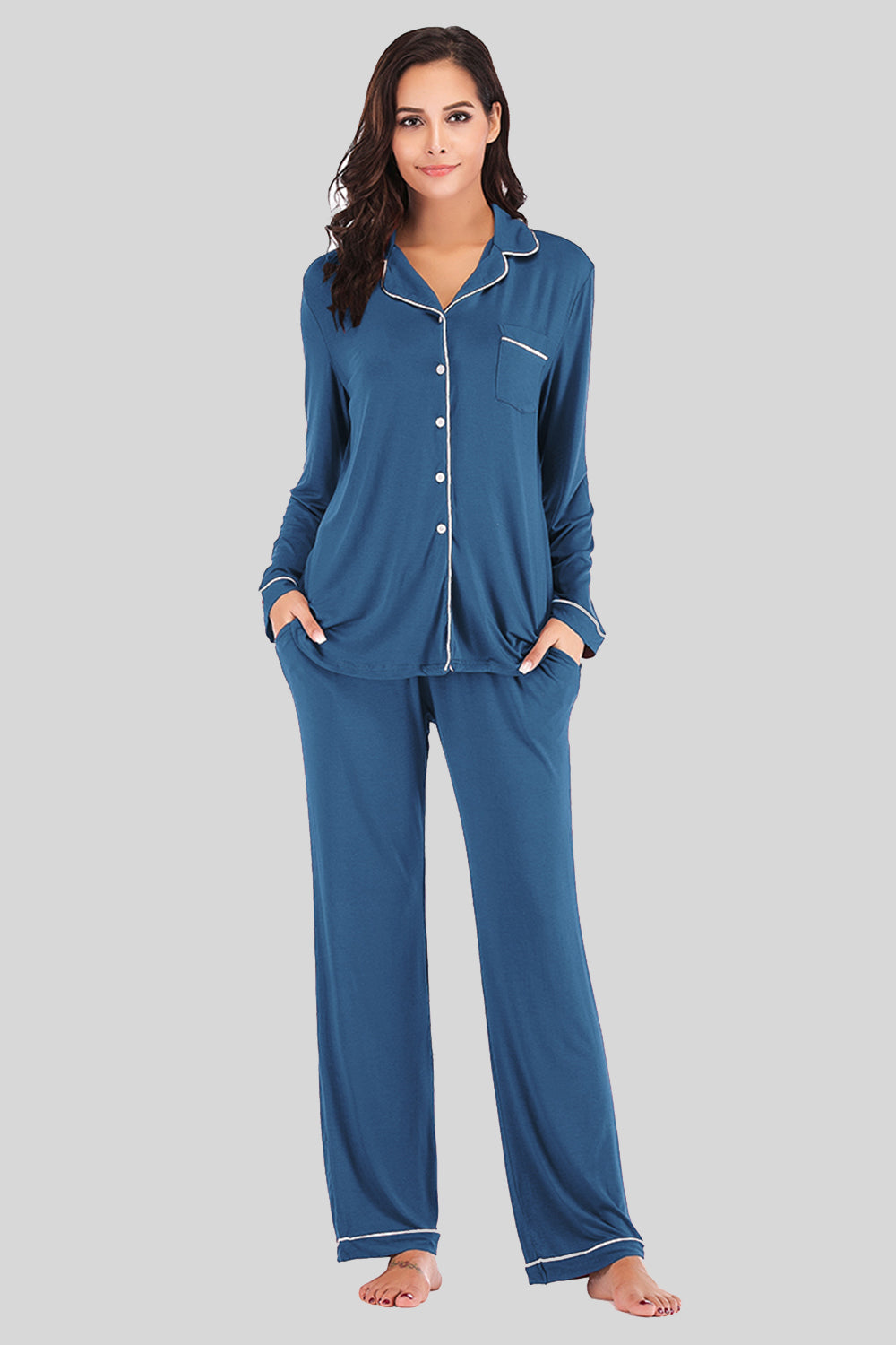 Outfit Flow - Collared Neck Long Sleeve Loungewear Set with Pockets