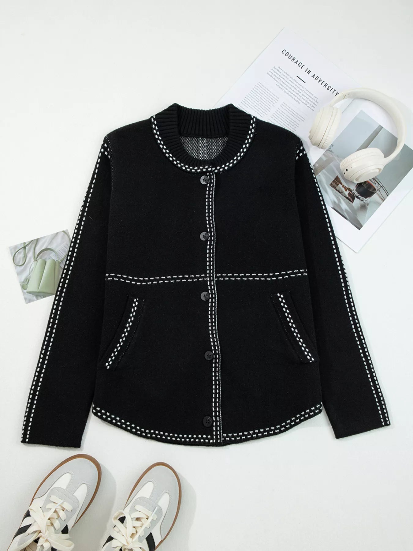 Contrast Trim Button up Sweater Cardigan OutfitFlow
