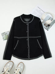 Contrast Trim Button up Sweater Cardigan OutfitFlow