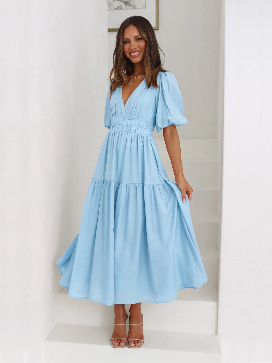 Surplice Half Puff Sleeve Midi Dress Sky Blue OutfitFlow