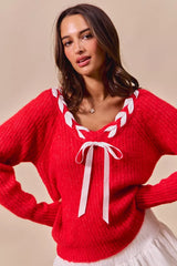 SO ME Satin Tape Braided Ribbon Tie V Neck Sweater OutfitFlow