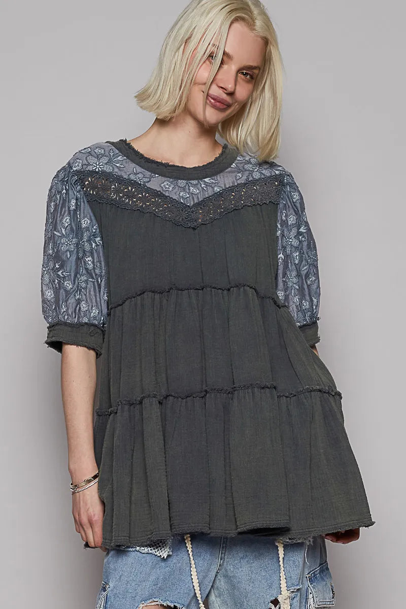 POL Lace Detail Tiered Round Neck Half Sleeve Blouse CHARCOAL OutfitFlow