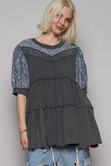 POL Lace Detail Tiered Round Neck Half Sleeve Blouse CHARCOAL OutfitFlow