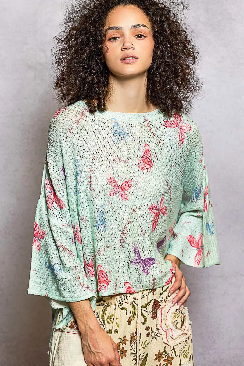 POL Butterflies Pattern Round Neck knit Top with Outseam Rolling Edge OutfitFlow