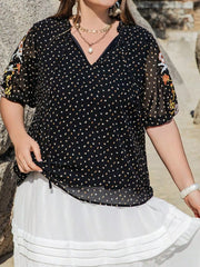 Plus Size Printed Tie Neck Half Sleeve Blouse OutfitFlow