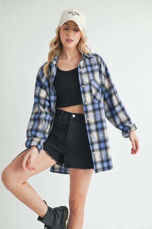 Aemi + Co Washed Plaid Button Up Raglan Sleeve Flannel Shirt OutfitFlow