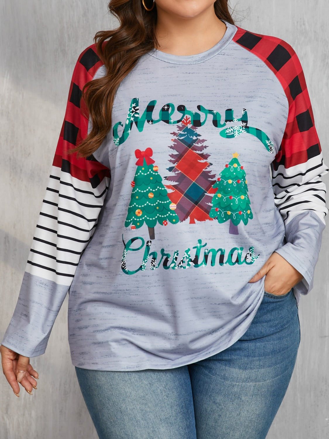 Outfit Flow - Plus Size Christmas Tree Plaid Round Neck Long Sleeve T-Shirt