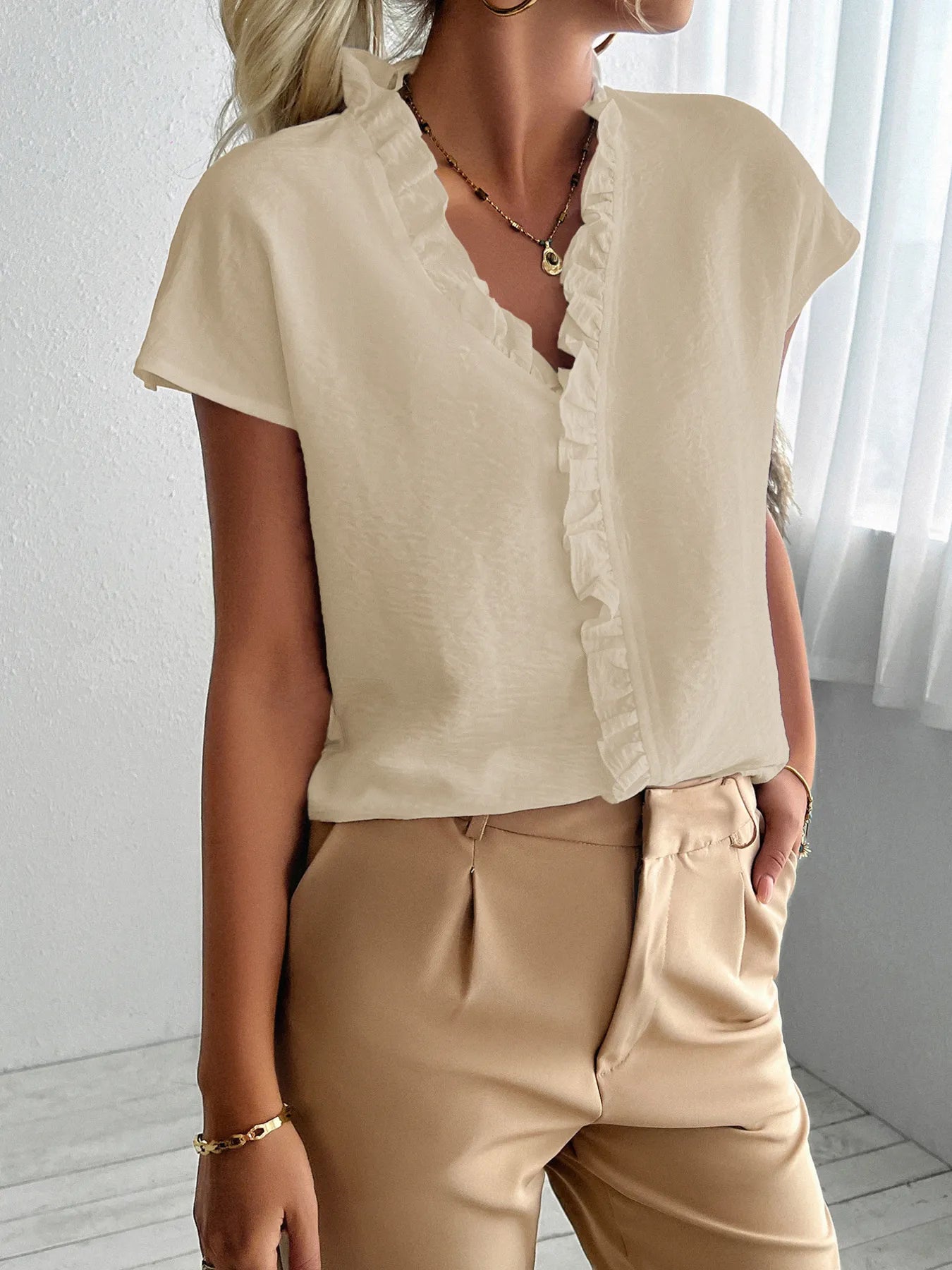 Ruffled V-Neck Short Sleeve Blouse Apricot OutfitFlow