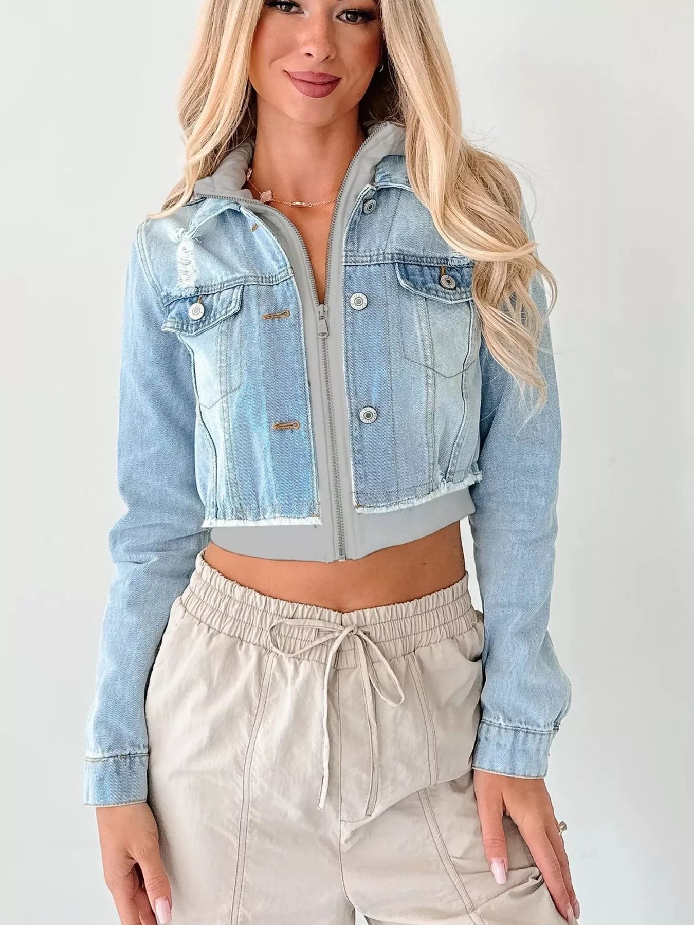 Distressed Zip Up Cropped Hooded Denim Jacket OutfitFlow