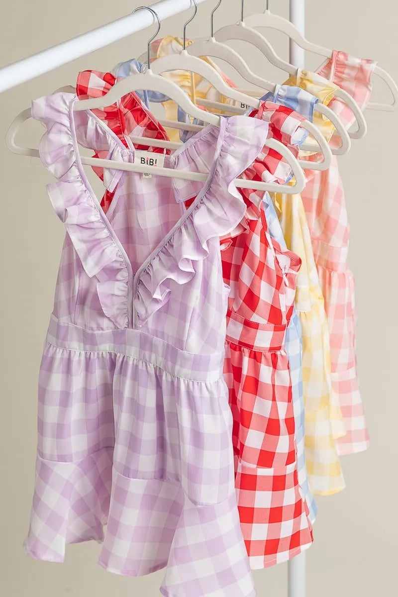 BiBi Ruffled Neckline Sleeveless Check Plaid Peplum Top OutfitFlow