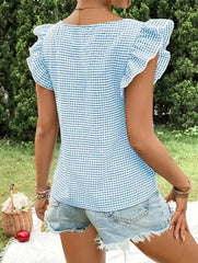 Ruffle Sleeve Gingham Square Neck Top OutfitFlow