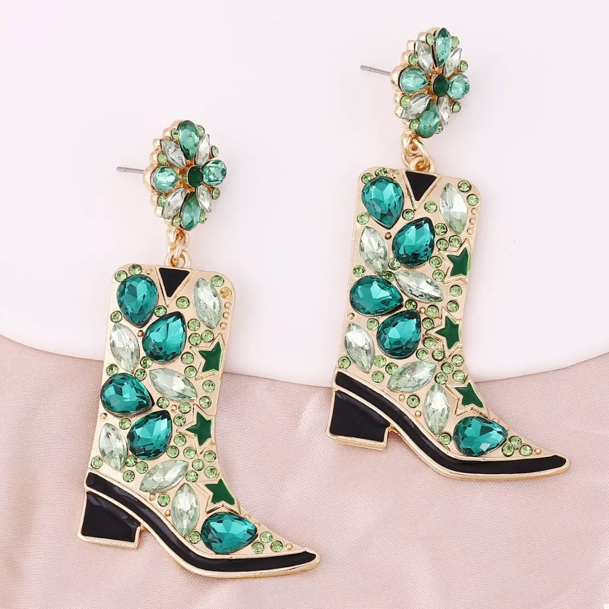 Western Boot Dangle Earrings with Rhinestones Green onesize OutfitFlow