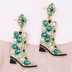 Western Boot Dangle Earrings with Rhinestones Green onesize OutfitFlow
