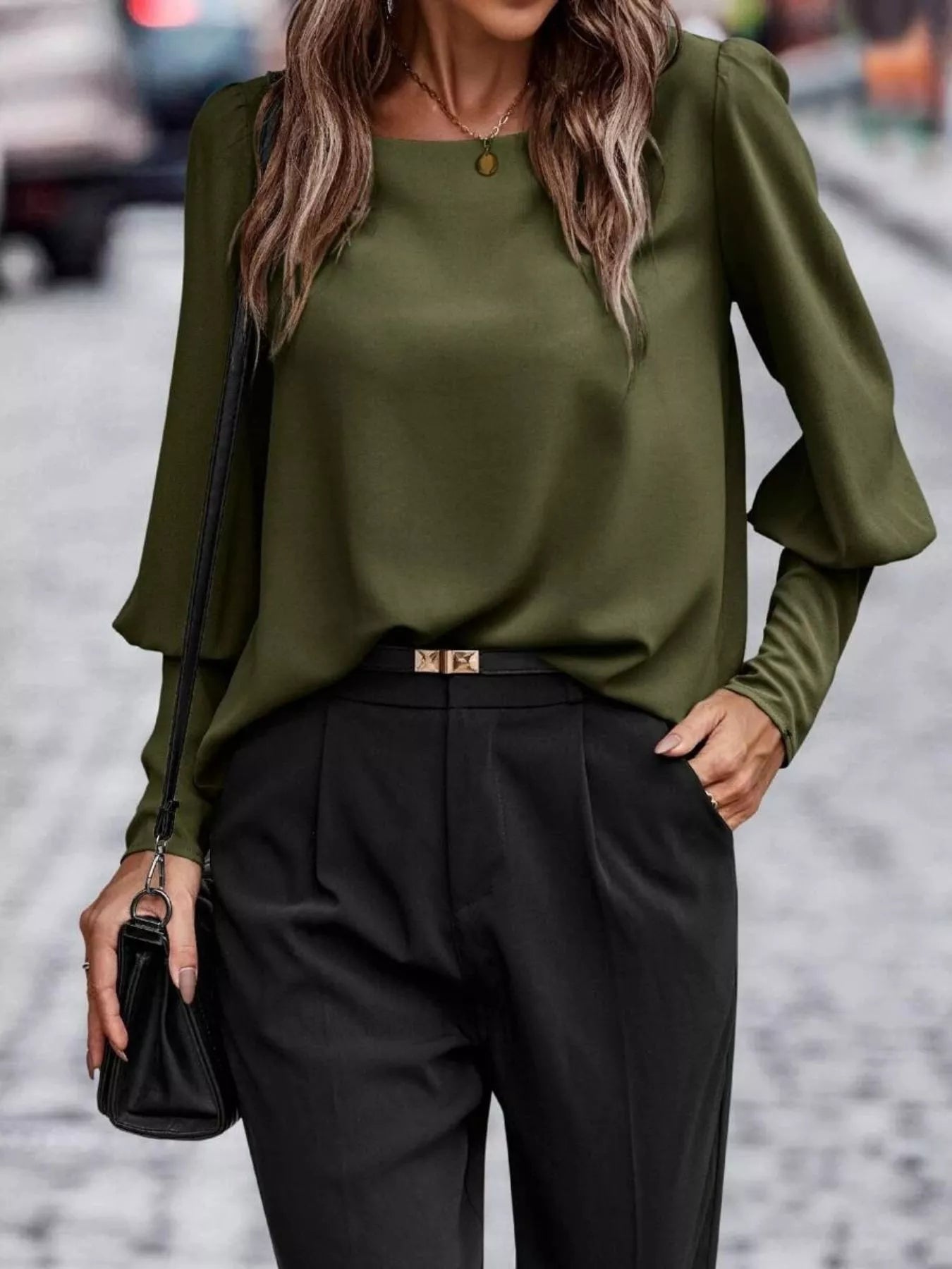 Back Button Lantern Sleeve Blouse Army Green OutfitFlow