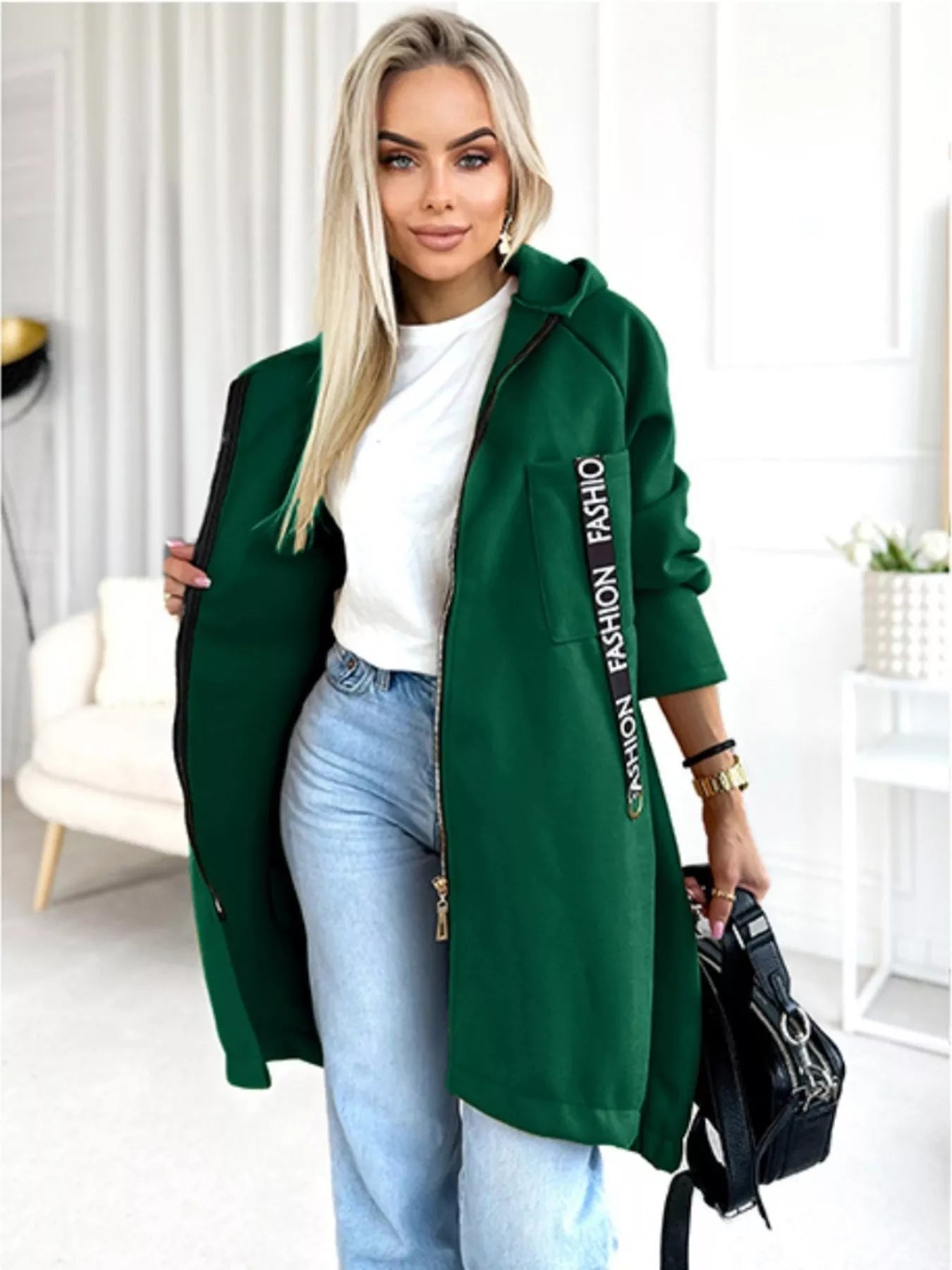 Full Size Zip Up Longline Hooded Outerwear Plus Size Green Trendsi
