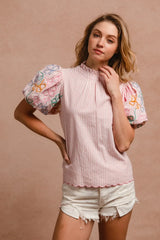 BiBi Embroidery Bubble Sleeve Top With Bottom Scallop Detail OutfitFlow