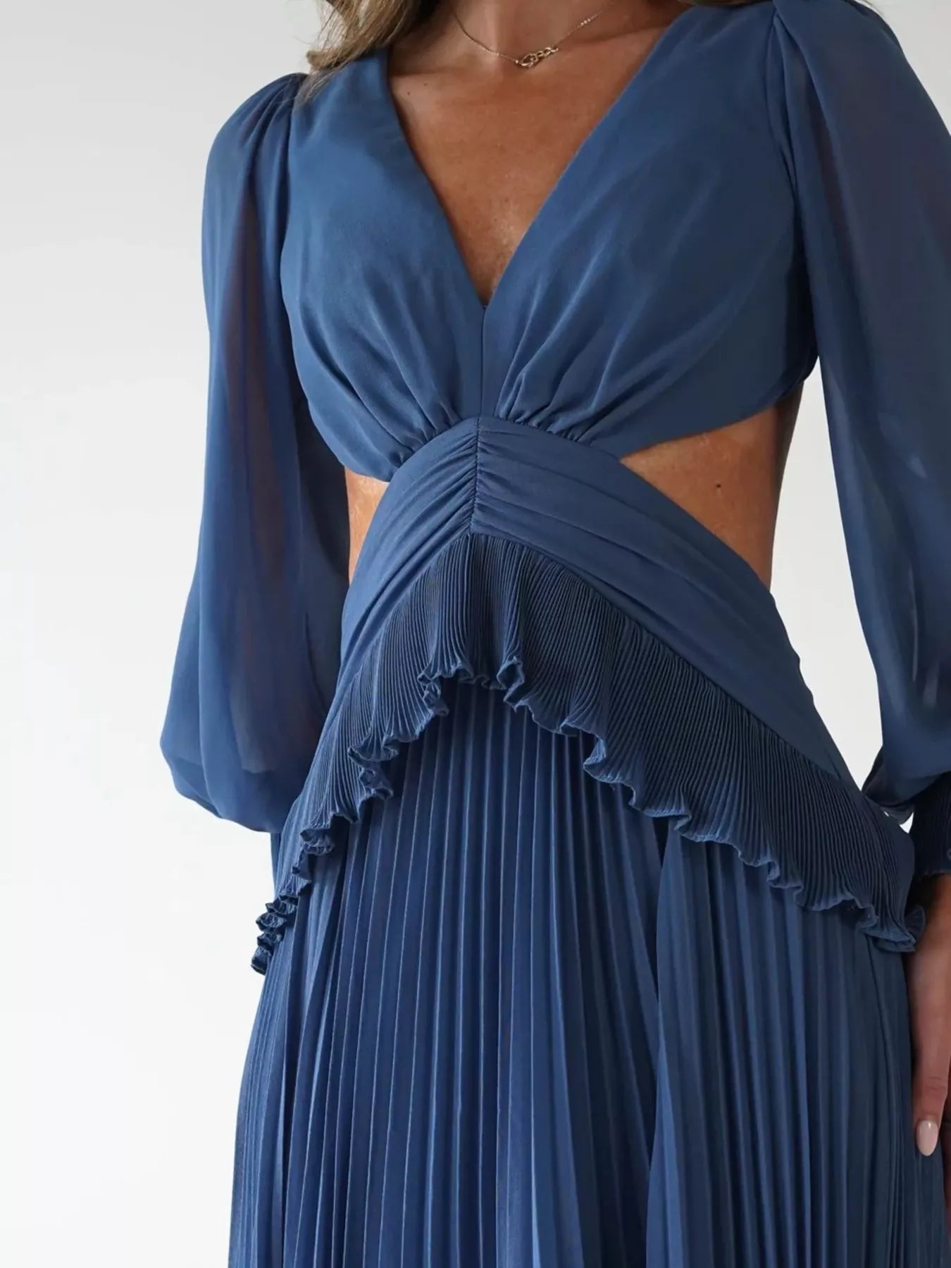 Backless Pleated Long Sleeve Maxi Dress OutfitFlow