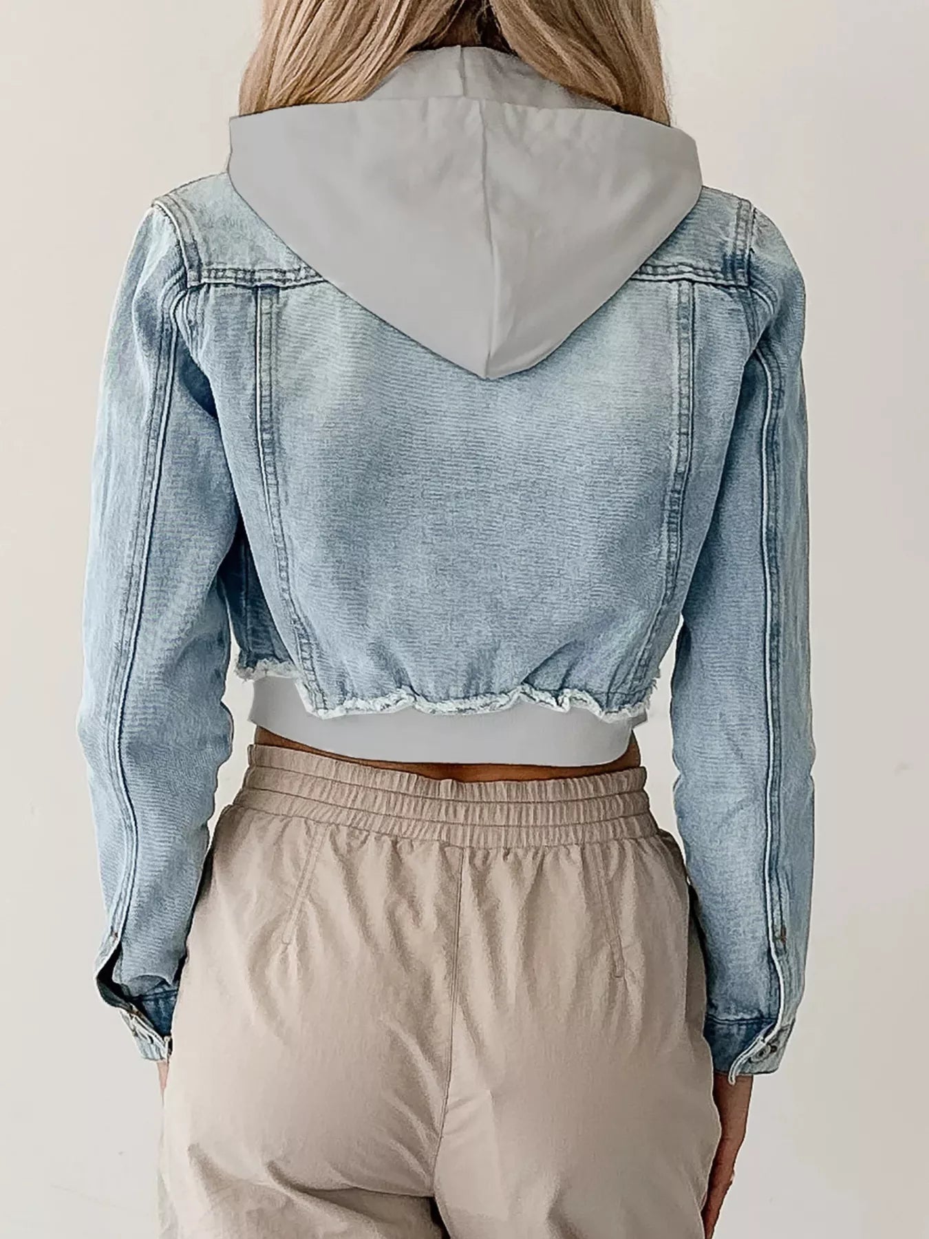 Distressed Zip Up Cropped Hooded Denim Jacket OutfitFlow