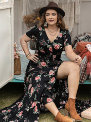 Plus Size Button Detail Printed V-Neck Short Sleeve Maxi Dress OutfitFlow