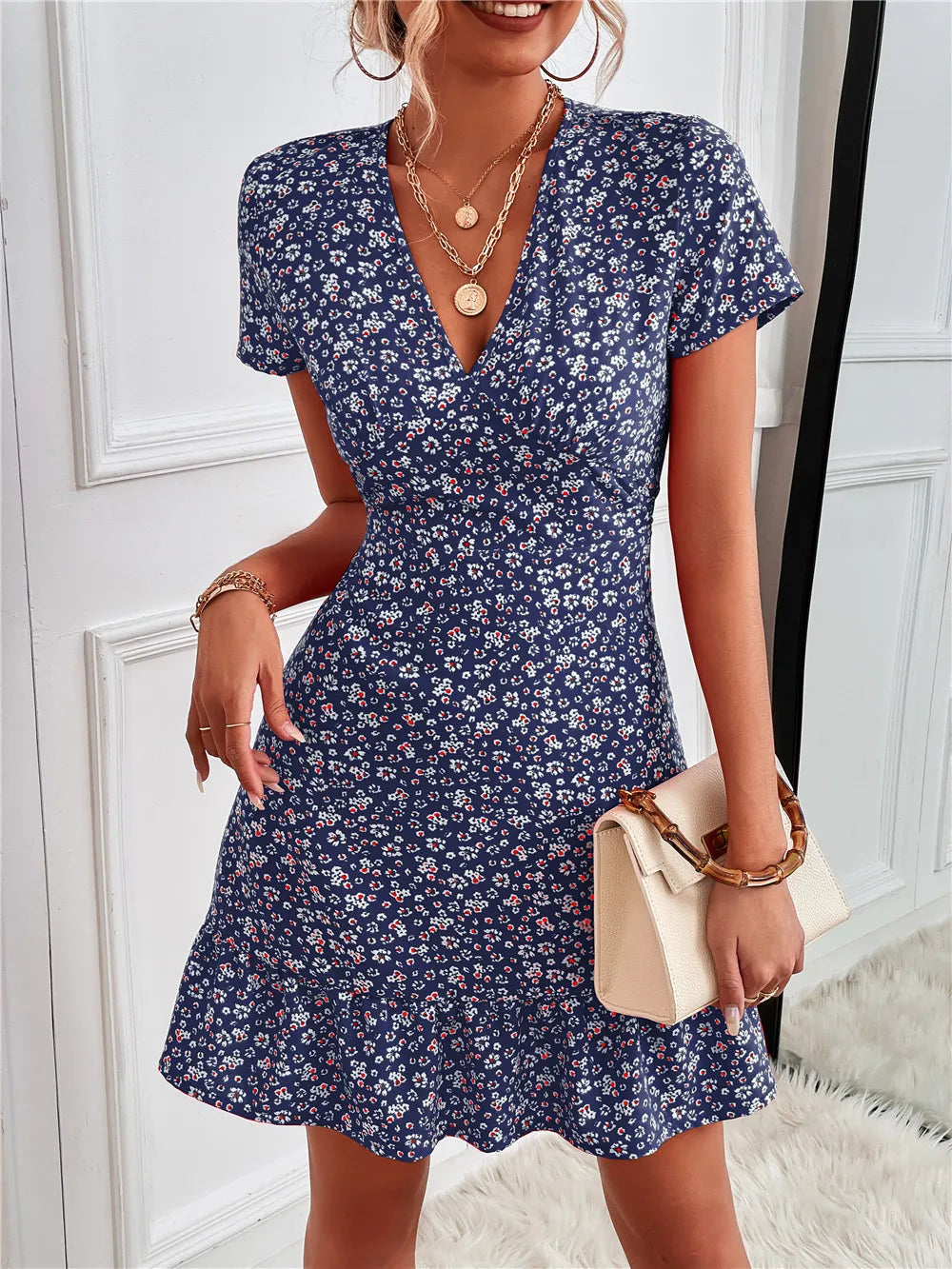 Printed Ruffled Hem V-Neck Short Sleeve Mini Dress Blue Floral OutfitFlow