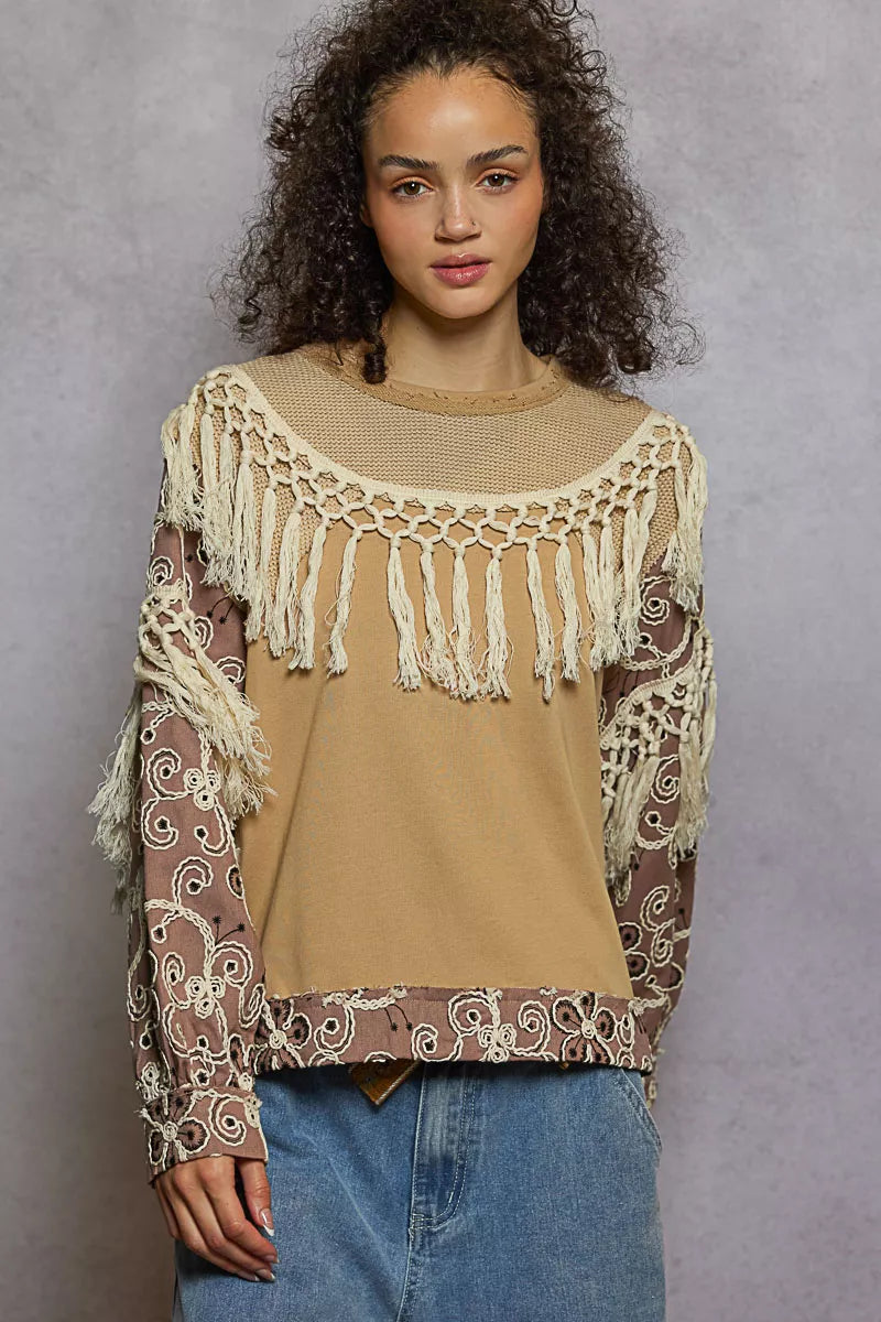 POL Contrast Floral Embroidery Balloon Sleeve Top with Tassel Trim OutfitFlow