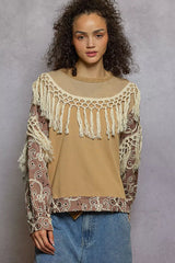 POL Contrast Floral Embroidery Balloon Sleeve Top with Tassel Trim OutfitFlow