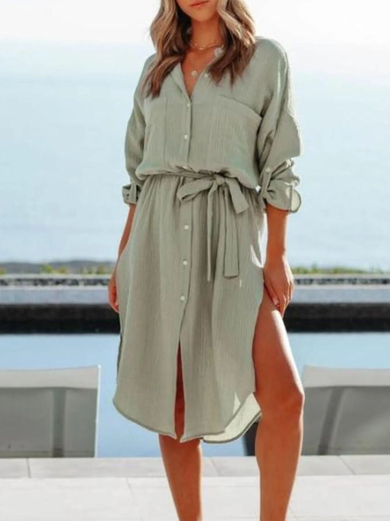 Button Down Tie Waist Shirt Dress OutfitFlow