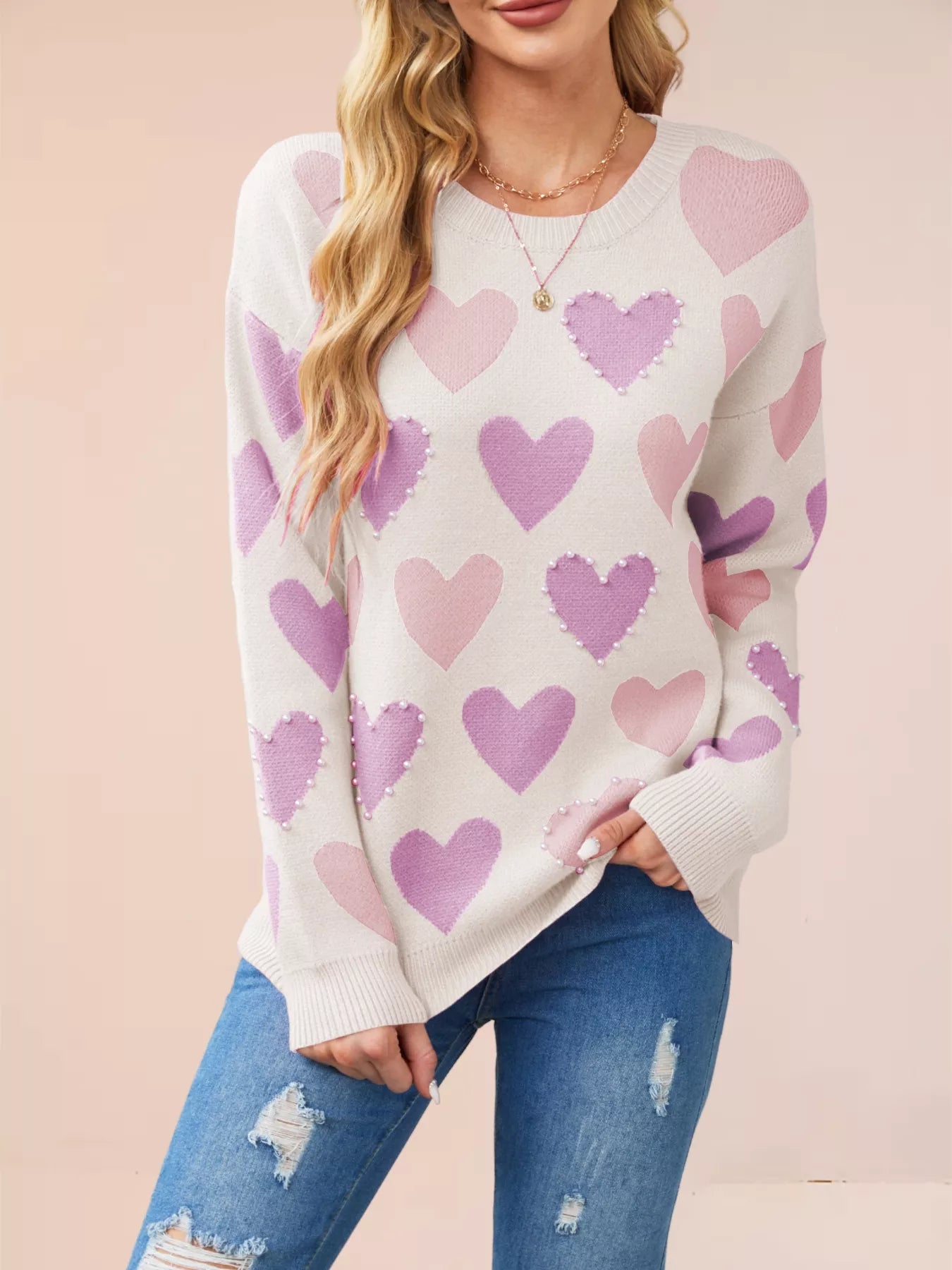 Heart Pattern Beaded Round Neck Sweater OutfitFlow