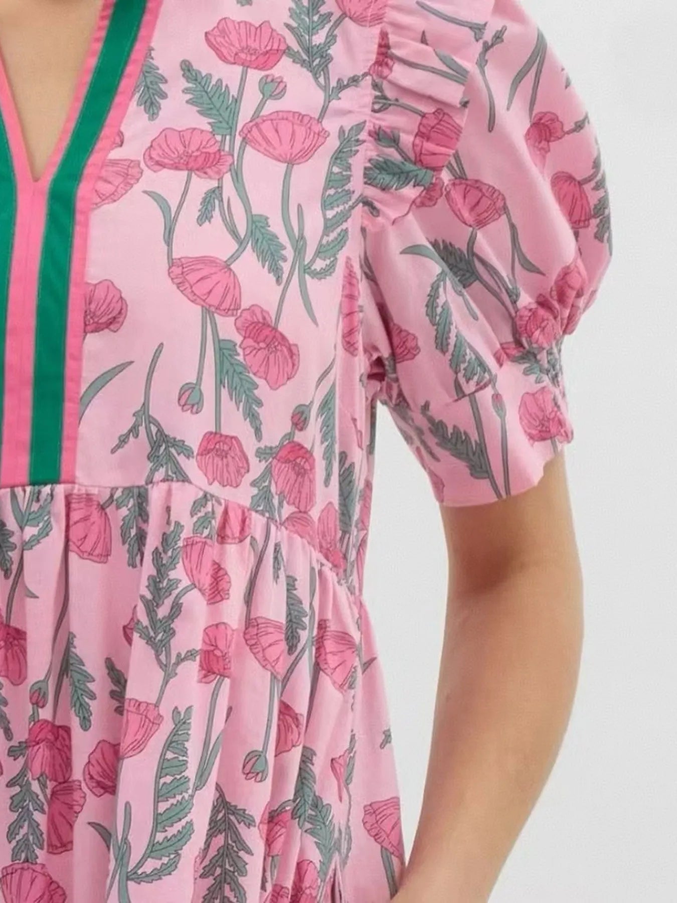 Floral Puff Sleeve Midi Dress with Contrast Trim OutfitFlow